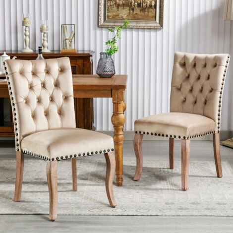 Chaises de salle à manger avec heurtoir, clous décoratifs, pieds en bois, velours, chaise de salon, marron clair - 2 pièces