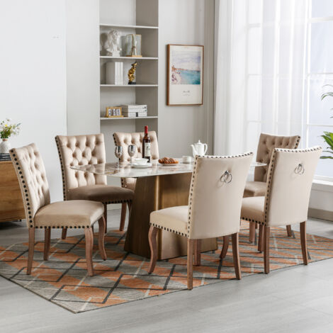 Chaises de salle à manger avec heurtoir, clous décoratifs, pieds en bois, velours, chaise de salon, marron clair - 6 pièces