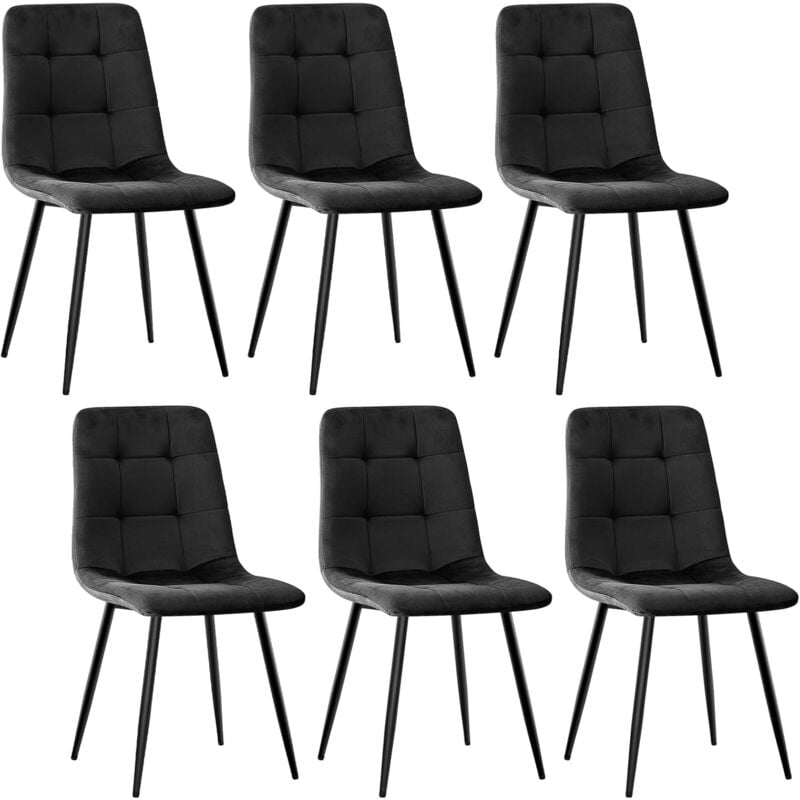 Lewe - Lot de 6 Chaises de Salle à Manger, Chaise de Cuisine en Velours et Pieds en Métal, Noir
