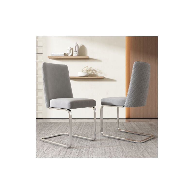 Lot de 2 chaises de salle à manger en velours, dossier en diamant, pieds de support en métal argenté, gris