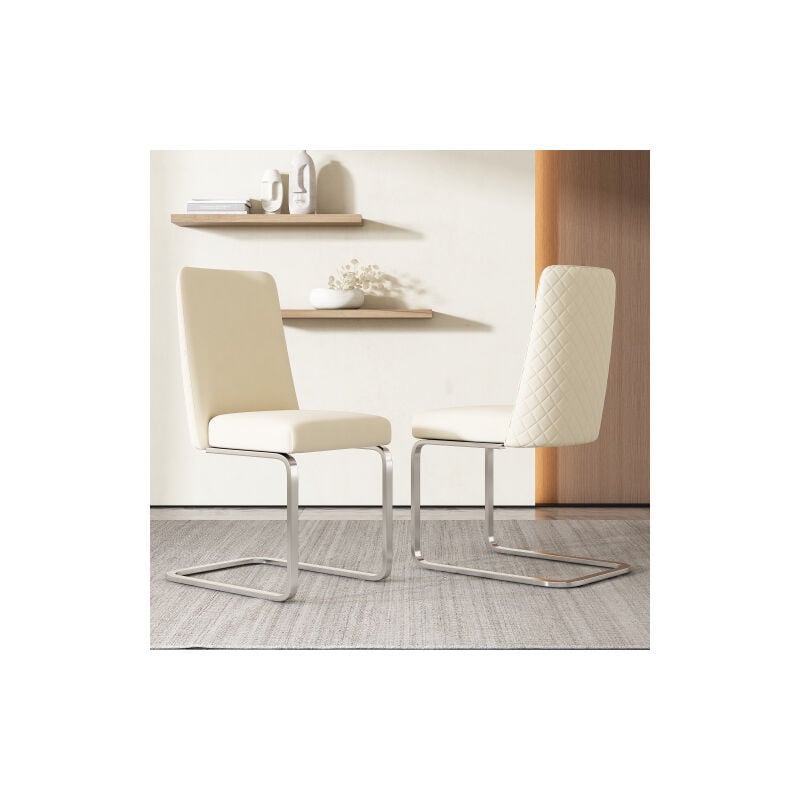 Lot de 2 chaises de salle à manger en velours, dossier en diamant, pieds de support en métal argenté, beige