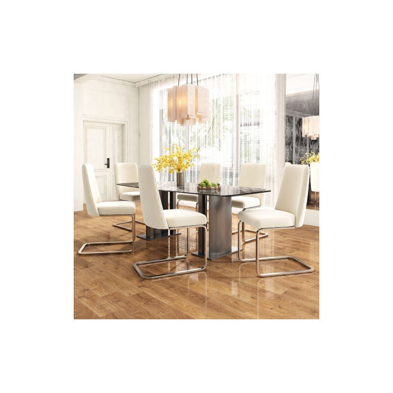 Wishdor - Lot de 6 chaises de salle à manger en velours, dossier en diamant, pieds de support en métal argenté, beige