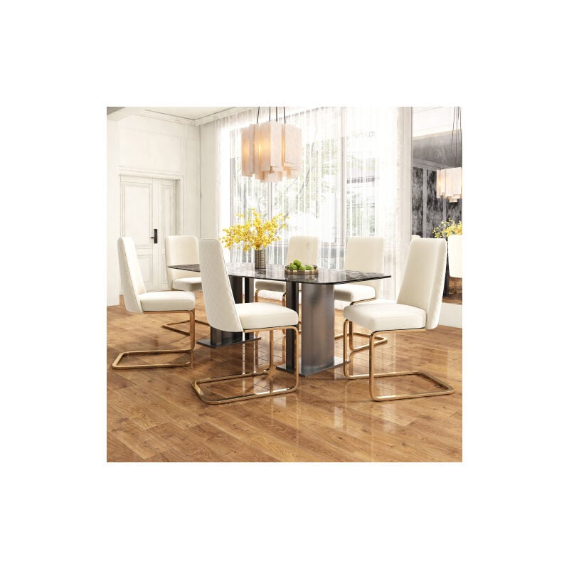 Lot de 6 chaises de salle à manger en velours, dossier en diamant, pieds de support en métal doré, beige