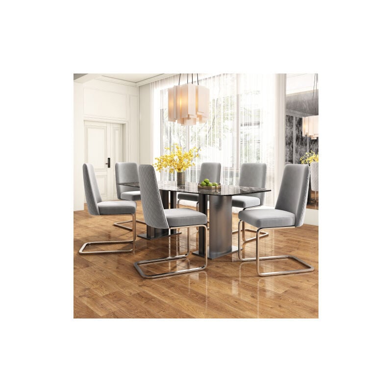 Lot de 6 chaises de salle à manger en velours, dossier en diamant, pieds de support en métal argenté, gris