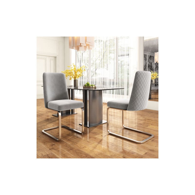 Lot de 4 chaises de salle à manger en velours, dossier en diamant, pieds de support en métal argenté, gris