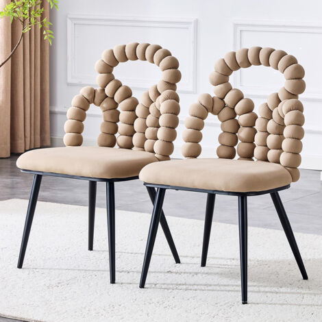 Chaises de salle à manger en velours (ensemble de 2) avec dossier à boules et chaînes, pieds robustes en métal noir, couleur camel