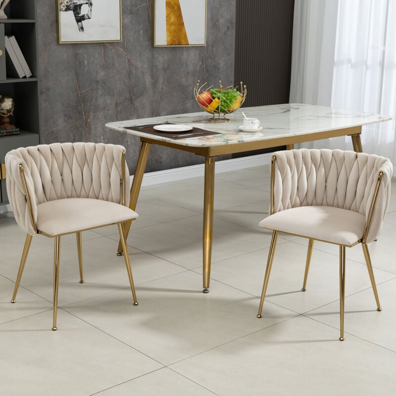 Wishdor - Lot de 2 chaises de salle à manger en velours beige avec pieds en métal doré, pour salle à manger, salon, chambre à coucher