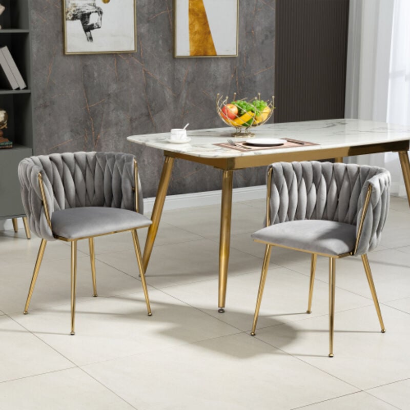 Wishdor - Lot de 2 chaises de salle à manger en velours gris avec pieds en métal doré, pour salle à manger, salon, chambre à coucher