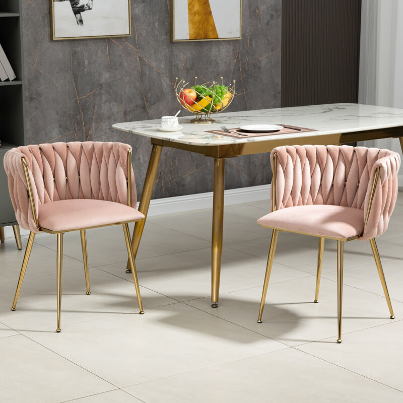 Wishdor - Lot de 2 chaises de salle à manger en velours rose avec pieds en métal doré, pour salle à manger, salon, chambre à coucher