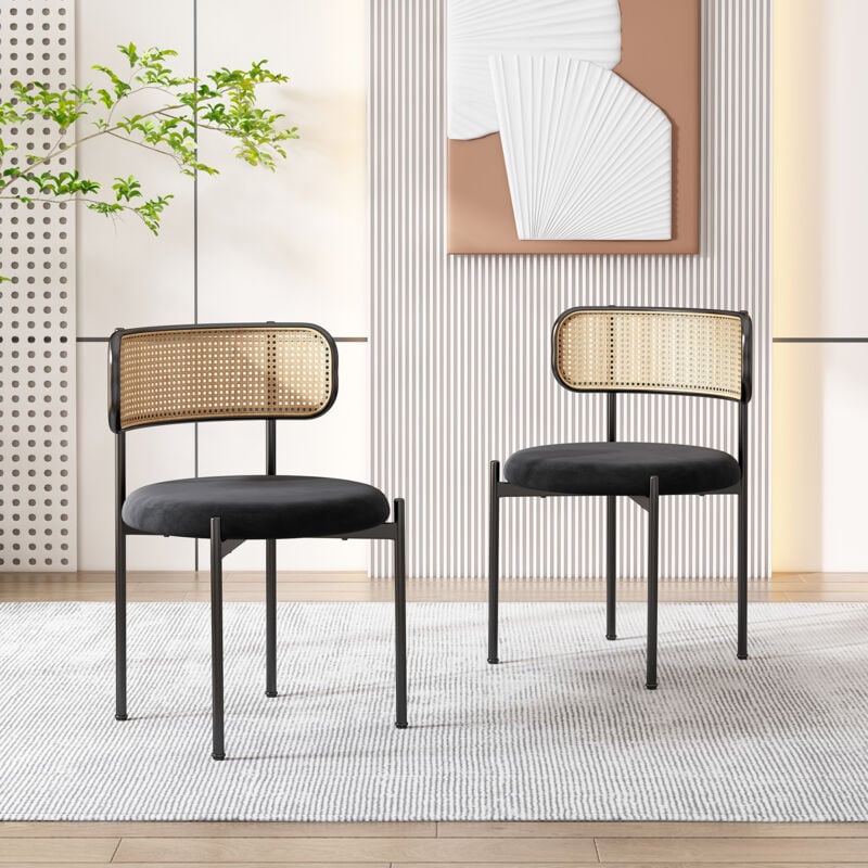 Wishdor - Lot de 2 chaises de salle à manger en velours et rotin avec pieds en métal, modernes et simples pour salon, noir