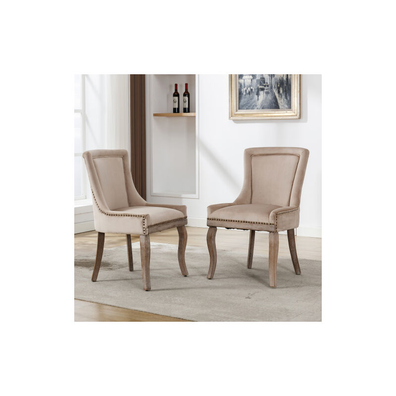 Modernluxe - Lot de 2 chaises en velours - avec pieds en bois massif - beige