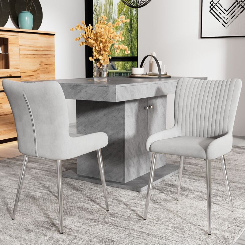Modfu - Chaises de salle à manger en velours gris clair avec dossier, 2 pièces, pieds argentés