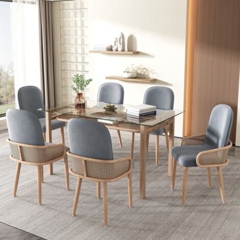 Chaises de salle à manger en velours gris lot de 6, design rotin et pieds métal effet bois - Pour salon, chambre 45x43x90cm