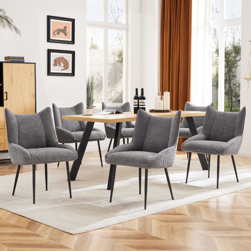 Chaises de salle à manger en velours peluche, chaise longue avec accoudoirs et coussin de siège épais, Lot de 6, gris
