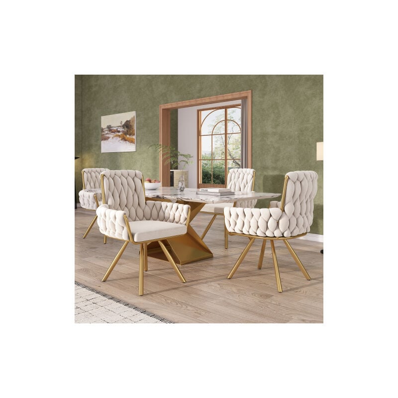 Modfu - Lot de 4 chaises de salle à manger en velours, pivotantes à 360 degrés, avec quatre pieds en métal doré, beige