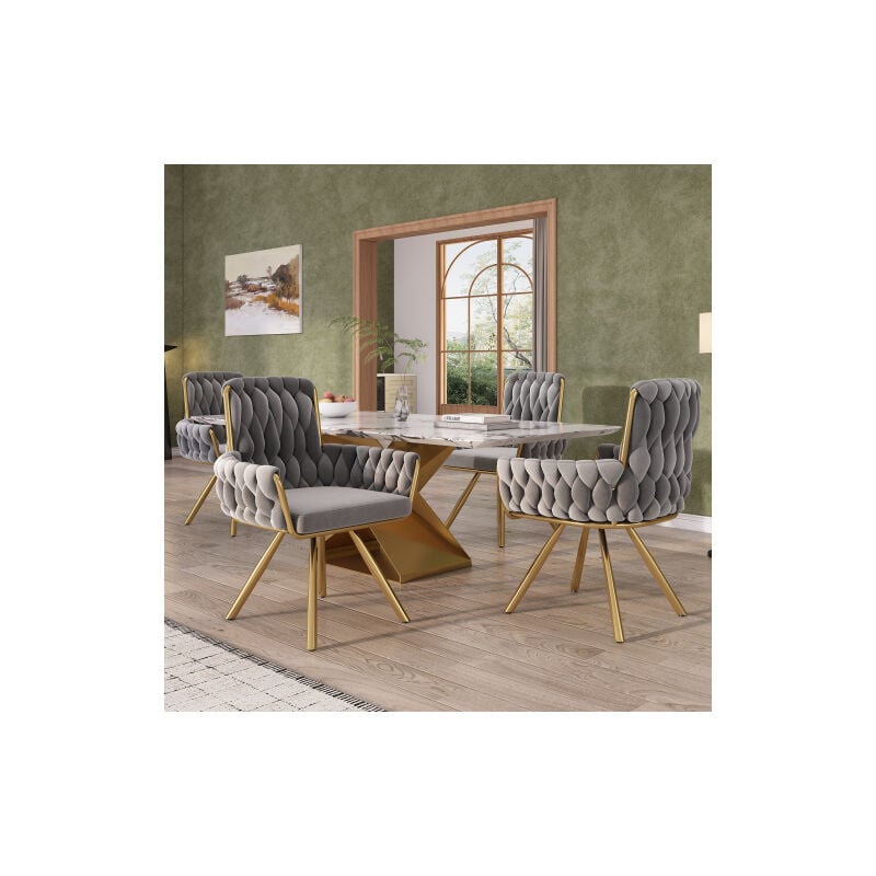 Modfu - Lot de 4 chaises de salle à manger en velours, pivotantes à 360 degrés, avec quatre pieds en métal doré, gris