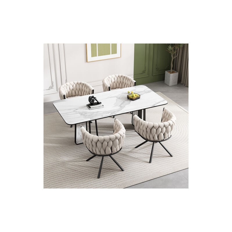 Modfu - Lot de 4 chaises de salle à manger en velours beige, chaise pivotante à 360 degrés, avec quatre pieds en métal noir