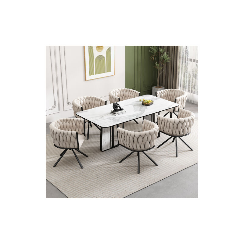 Modfu - Lot de 6 chaises de salle à manger en velours beige, chaise pivotante à 360 degrés, avec quatre pieds en métal noir
