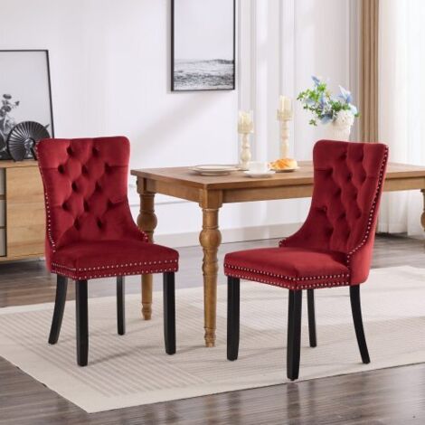 Chaises de salle à manger, lot de 2, avec pieds en bois décoratifs et rivets, tissu velours rouge