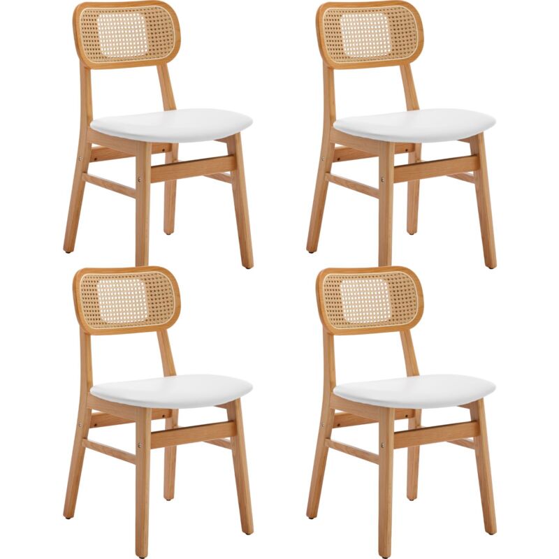 Chaises de Salle à Manger Lot de 4 Chaise Salle a Manger en Bois avec Coussin Chaise Rotin Confortable, Cuir pu, Blanc