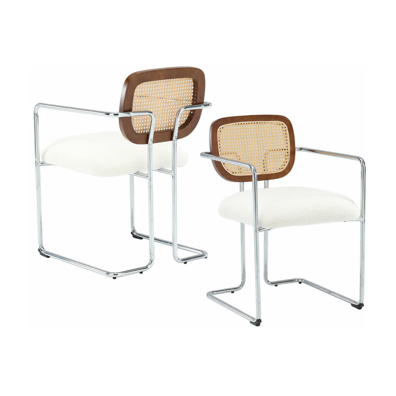 Wahson Office Chairs – Lot de 2 chaises de salle à manger moderne – Dossier en rotin et fausse fourrure – Pieds en métal argenté – Dimensions