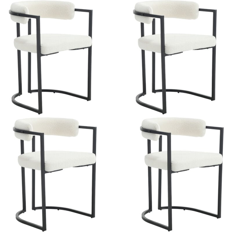 Lot de 4 Chaises de Salle a Manger Moderne Chaise Salle à Manger avec Accoudoirs Dossier Chaise de Cuisine Pied en Métal, Fausse Fourrure, Blanc