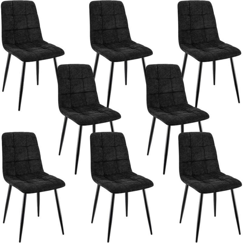 Lewe - Lot de 8 Chaises de Salle à Manger Rembourrées avec Dossier Haut et Design Damier en Lin - Noir