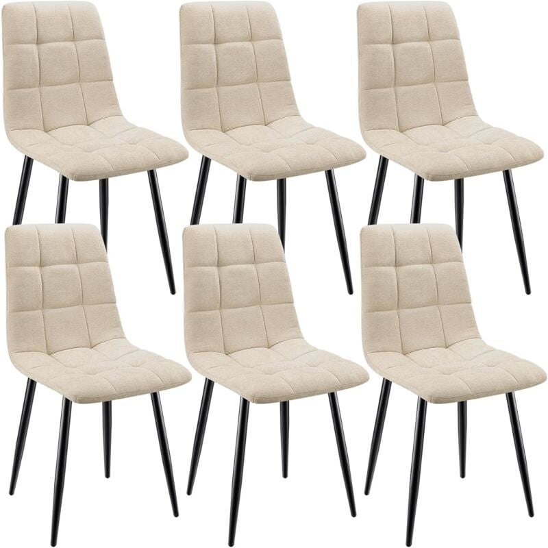 Lewe - Lot de 6 Chaises de Salle à Manger Rembourrées avec Dossier Haut et Design Damier en Lin - Beige
