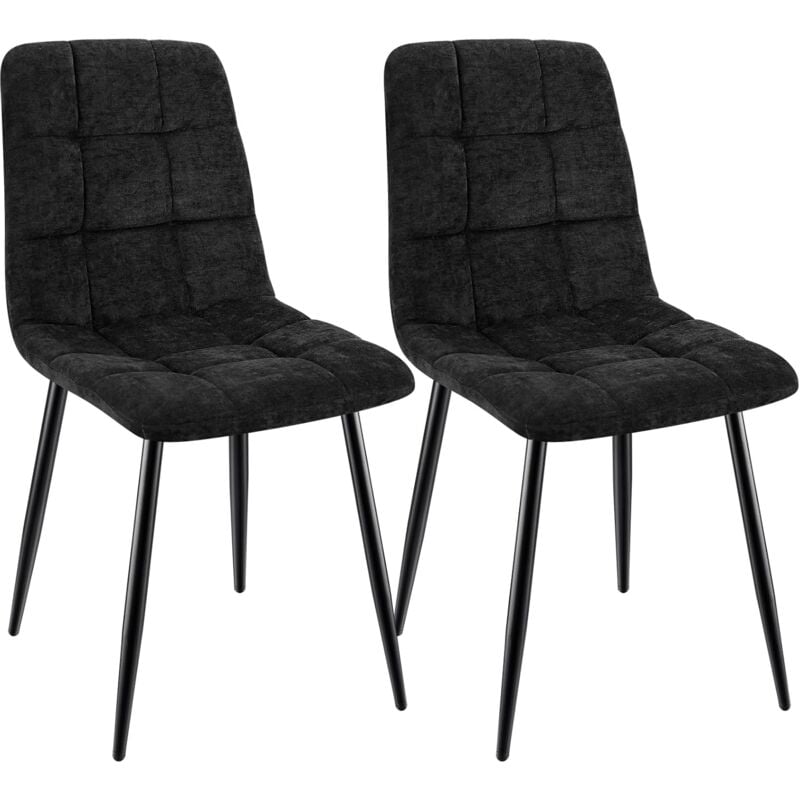 Lot de 2 Chaises de Salle à Manger Rembourrées avec Dossier Haut et Design Damier en Lin - Noir