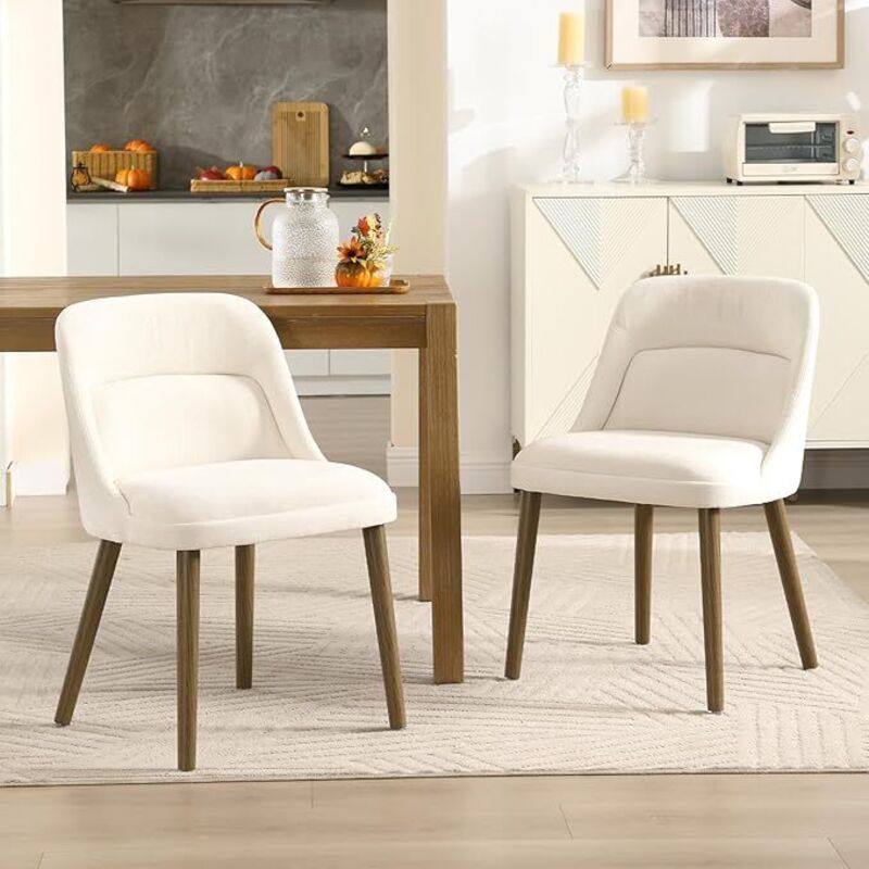 Wahson Lot de 2 Chaises de Salle à Manger Rétro, Chaises de Cuisine Rembourrées en Chenille avec Pieds en Bois pour Salle à Manger/Salon, Blanc