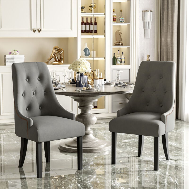 Redom - Chaises de salle à manger rétro élégantes, 2 pièces, avec boutons ronds et Rivets, tissu velours et pieds en bois d'hévéa (gris)