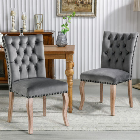 Chaises de salle à manger tapissées de velours avec garniture cloutée, pieds en bois massif, gris - 2 pcs