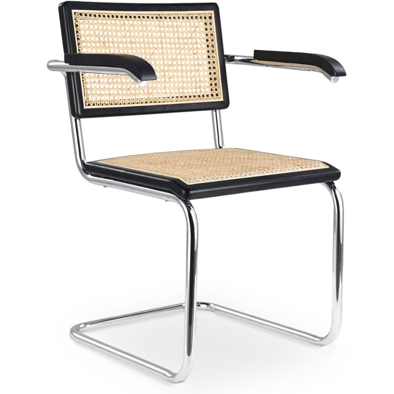 Chaise à manger avec accoudoirs - Design vintage - Bois et rotin - Bruna Noir