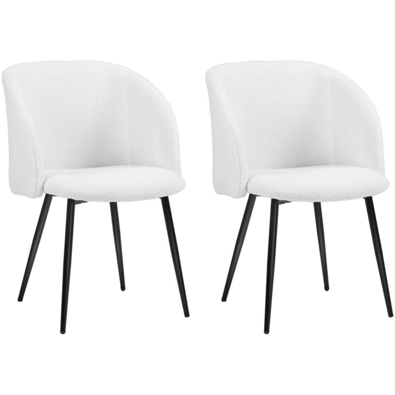 Chaises de visiteur design - lot de 2 chaises - piètement incliné effilé acier noir - revêtement effet laine bouclée blanc