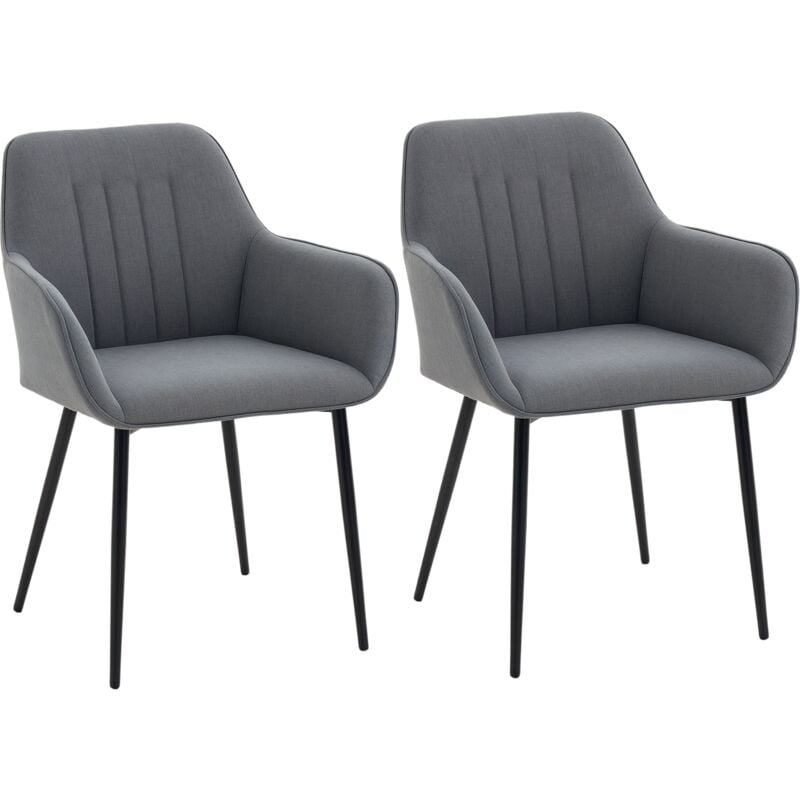 Homcom - Chaises de visiteur design scandinave - lot de 2 chaises - pieds effilés métal noir - assise dossier accoudoirs ergonomiques lin anthracite