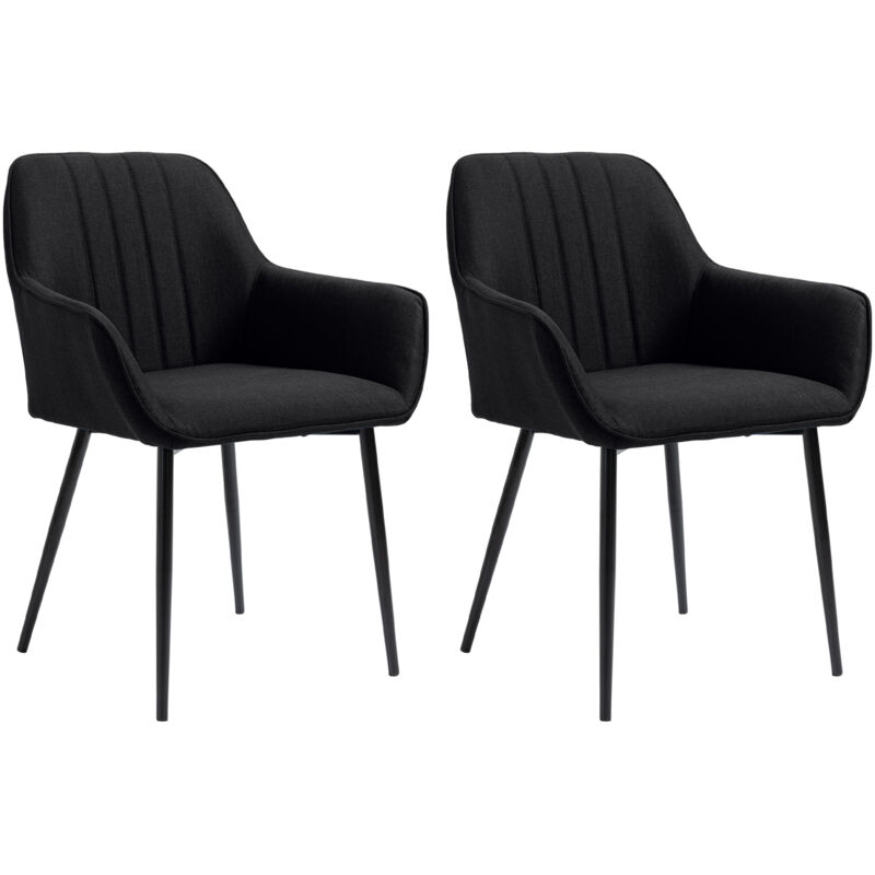Homcom - Chaises de visiteur design scandinave - lot de 2 chaises - pieds effilés métal noir - assise dossier accoudoirs ergonomiques lin noir