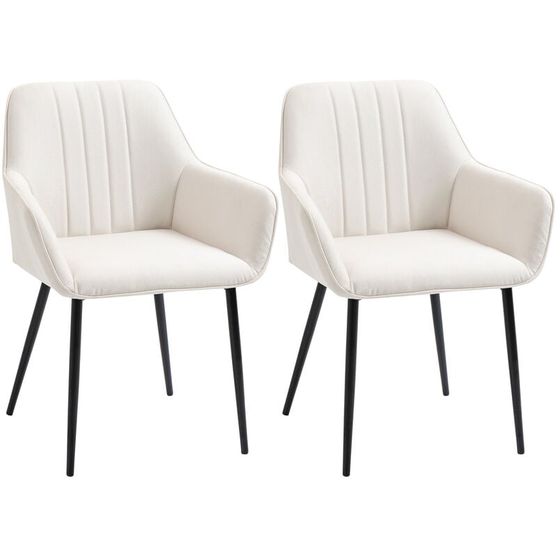 Homcom - Chaises de visiteur design scandinave - lot de 2 chaises - pieds effilés métal noir - assise dossier accoudoirs ergonomiques lin crème