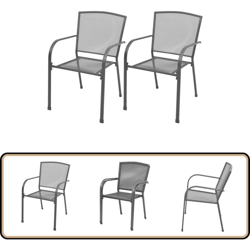 Chaises empilables de jardin lot de 2 Acier Gris - Chaise De Jardin - Chaise Extérieure - Mobilier De Jardin - Chaise Empilable - Design Moderne