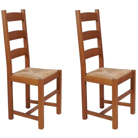 Chaises en bois assise paille (lot de 2) - RIGA - bois foncé