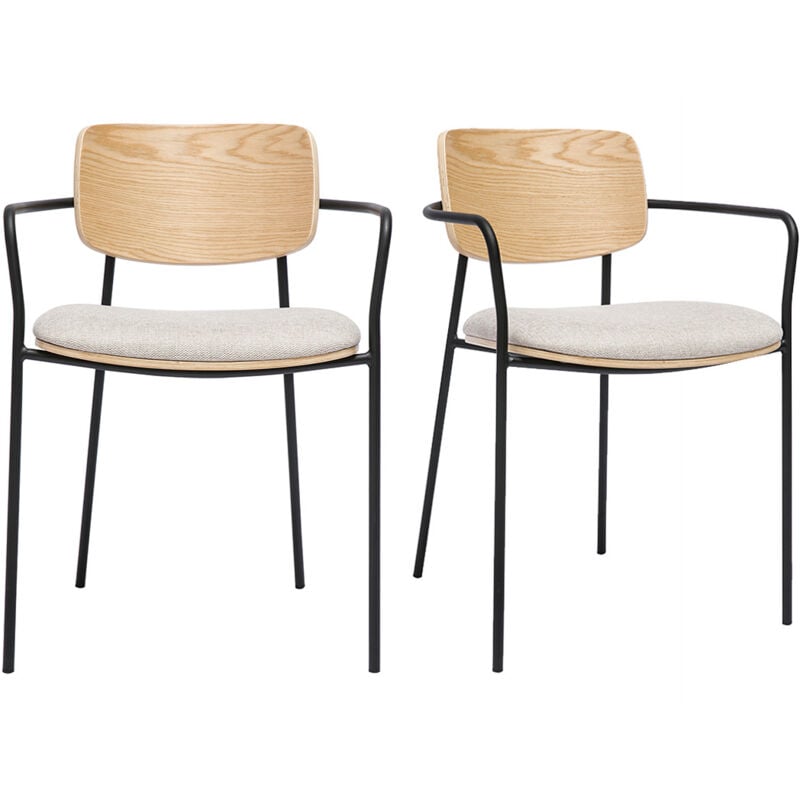 Miliboo - Chaises en bois clair chêne, tissu effet velours texturé beige et métal noir (lot de 2) susan