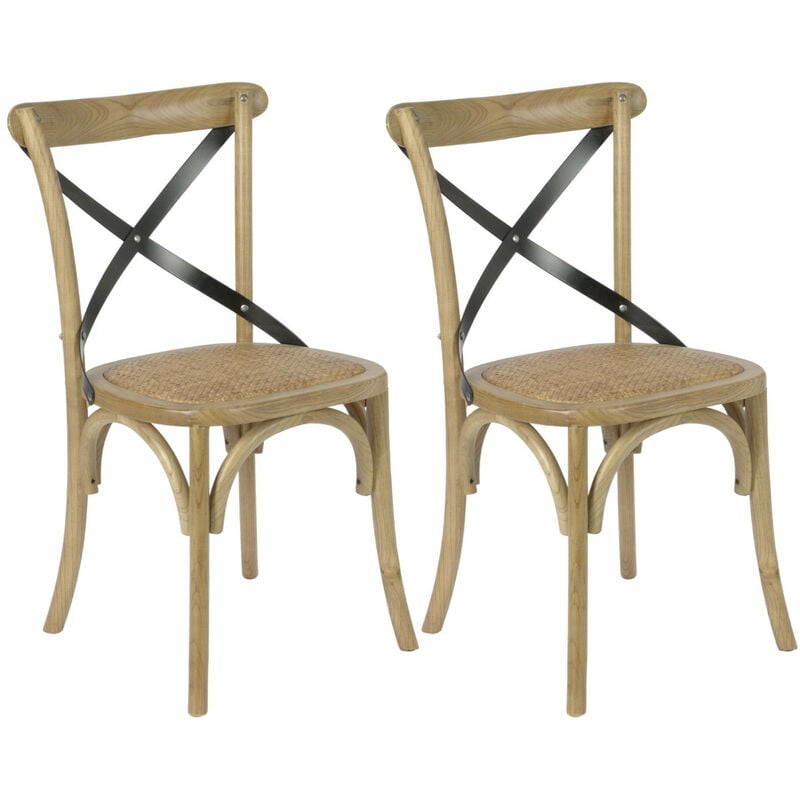 Hellin - Chaises en bois massif et métal assise rotin (lot de 2) - bistrot