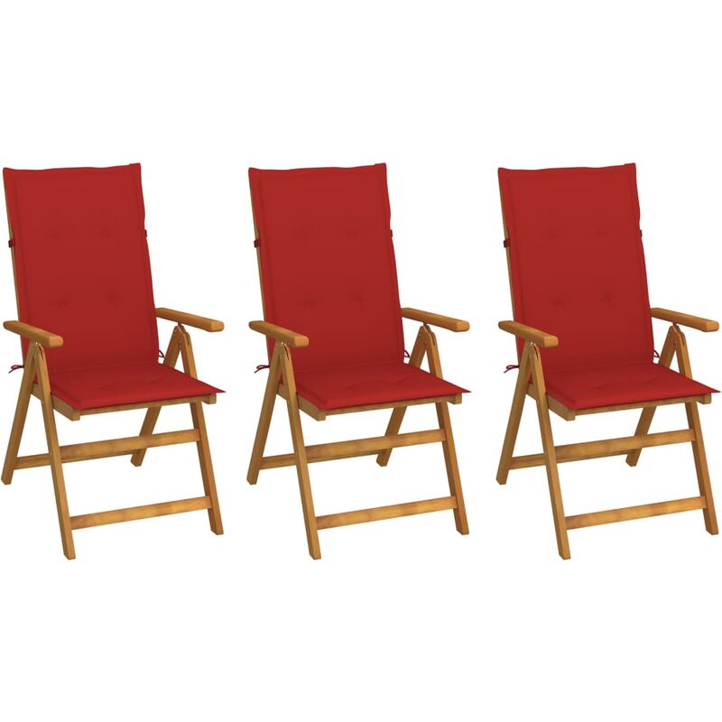 Ensemble de 3 chaises de jardin en bois d'acacia robuste avec coussins différentes couleurs couleur : Rouge