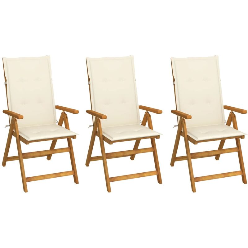 Ensemble de 3 chaises de jardin en bois d'acacia robuste avec coussins différentes couleurs couleur : crème