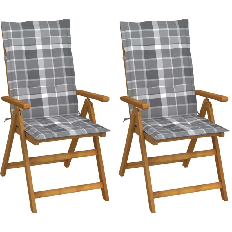 Chaises inclinables de jardin 2 pcs avec coussins Bois d'acacia Vidaxl Motif carreaux gris