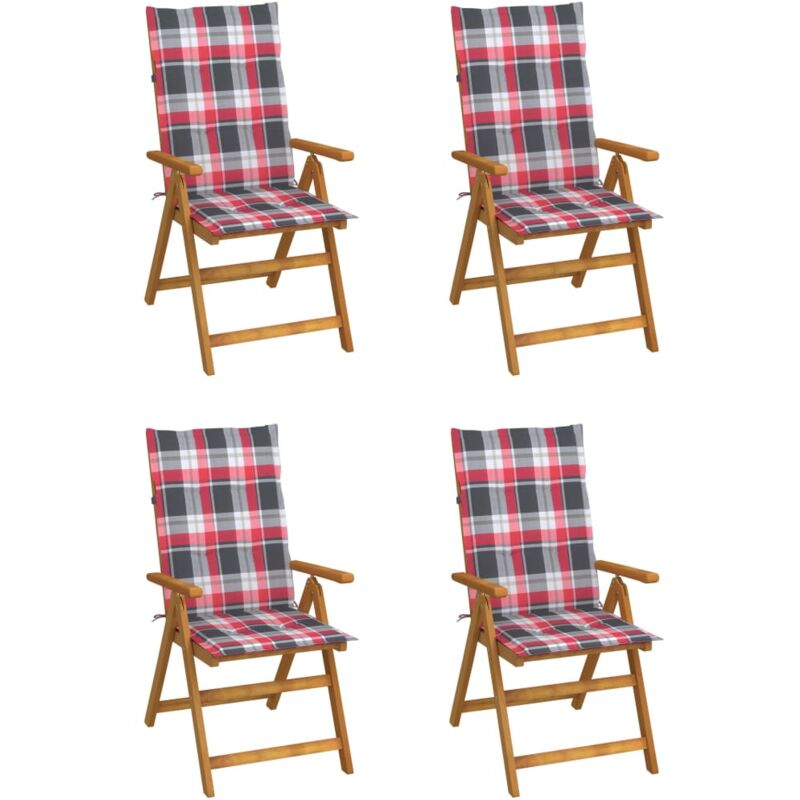 Chaises inclinables de jardin 4 pcs avec coussins Bois d'acacia Vidaxl Motif carreaux rouges