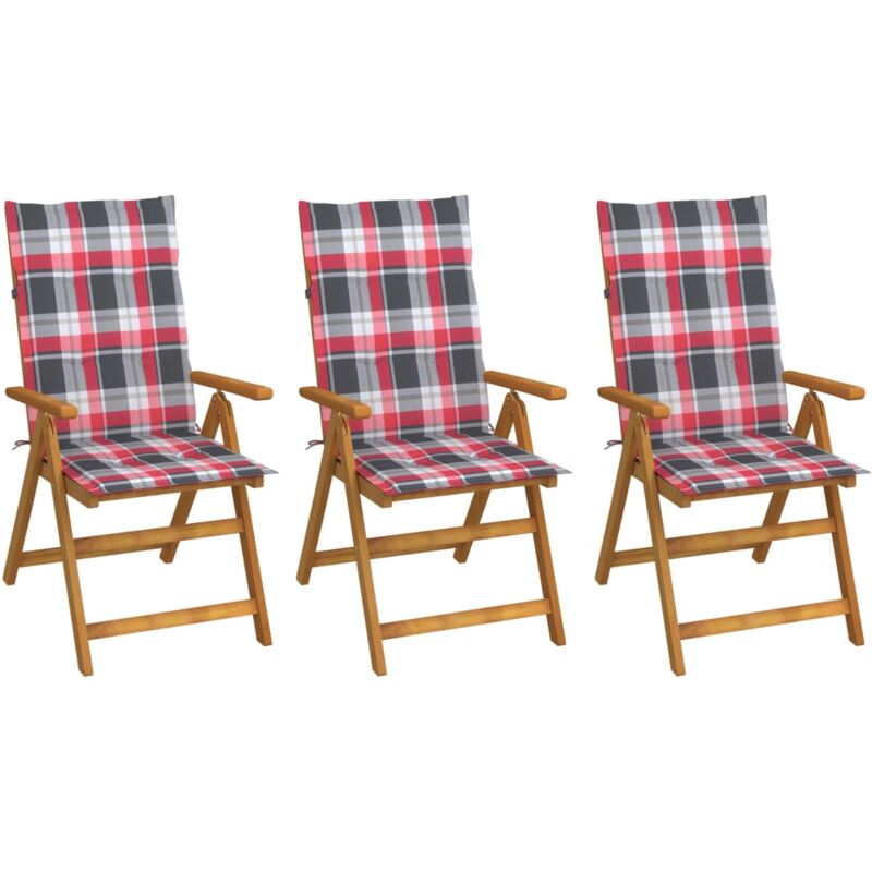Chaises pliables de jardin 3 pcs avec coussins Bois d'acacia Vidaxl Motif carreaux rouges