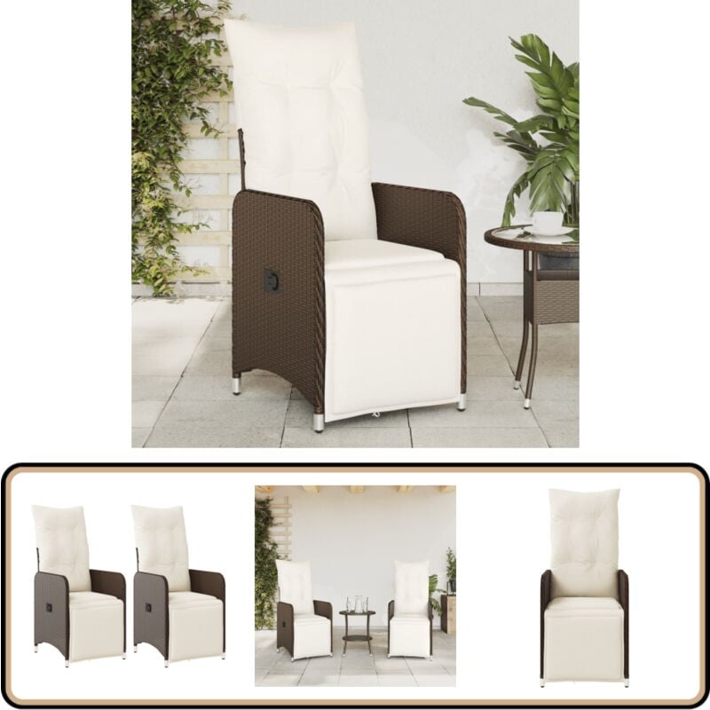 Chaises inclinables de jardin lot de 2 et coussins marron rotin - Chaise De Jardin Inclinable - Fauteuil De Jardin - Mobilier De Jardin - Chaise