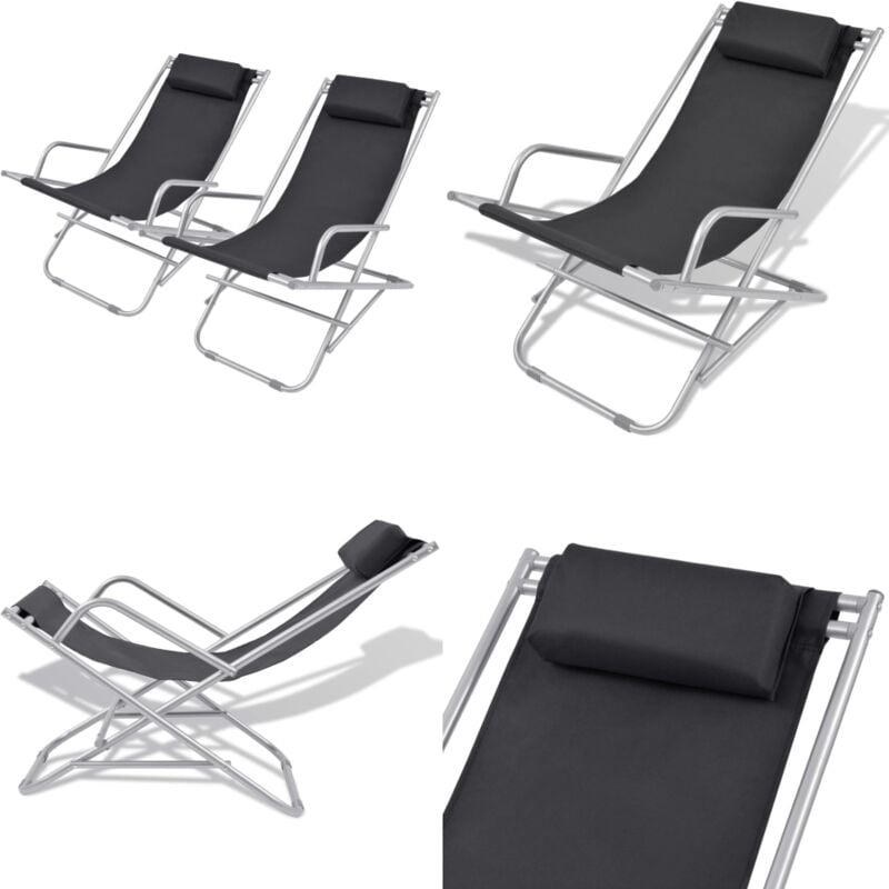 Chaises inclinables de terrasse lot de 2 Acier Noir - Transat Pliable - Chaise Longue - Lit De Bronzage - Mobilier De Jardin - Fauteuil De Jardin