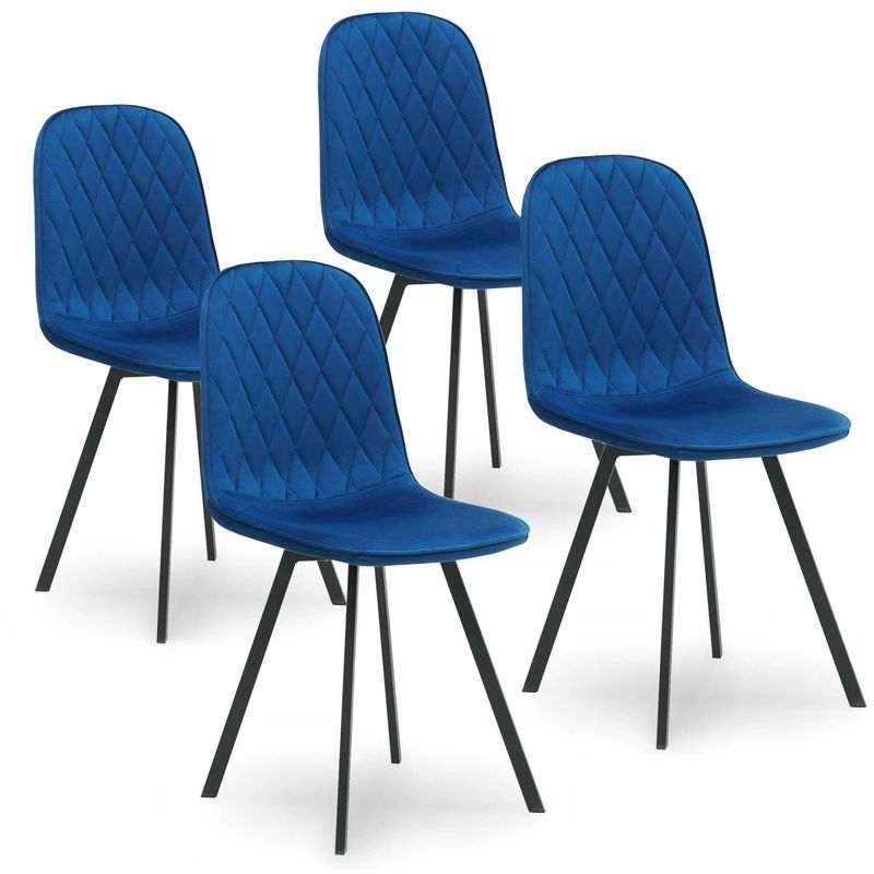 mobilier deco - chaises livio lot de 4 chaises en tissu bleu velours bleu