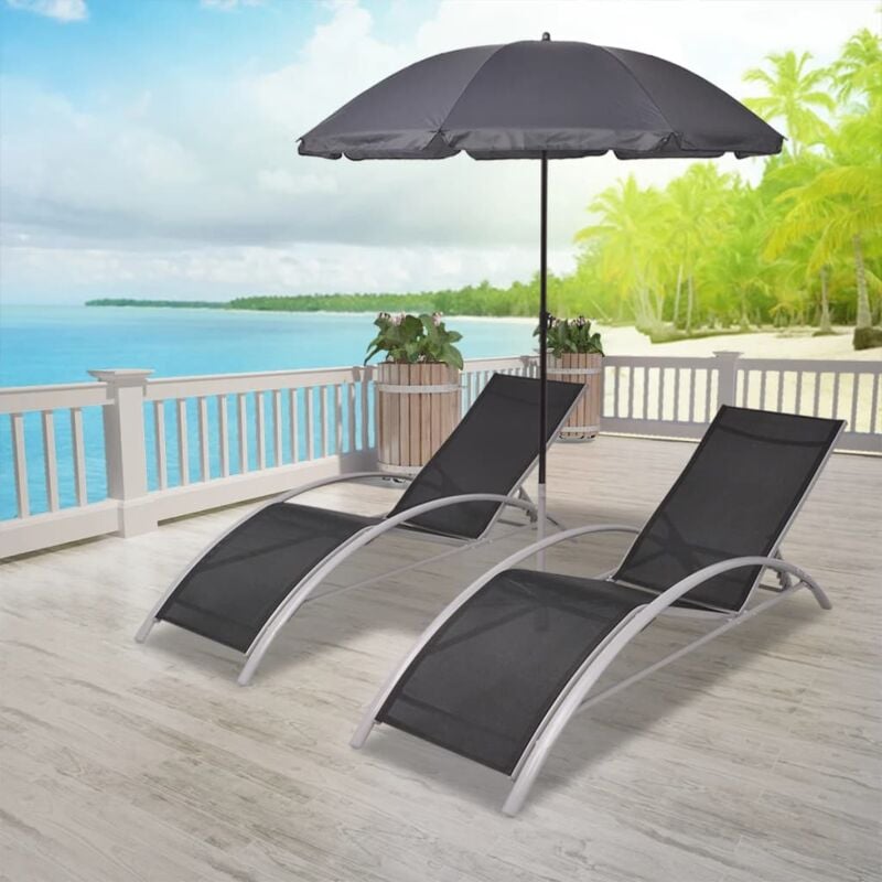 Chaises longue Bain de soleil Transat de relaxations et parasol Aluminium Noir CFW630319